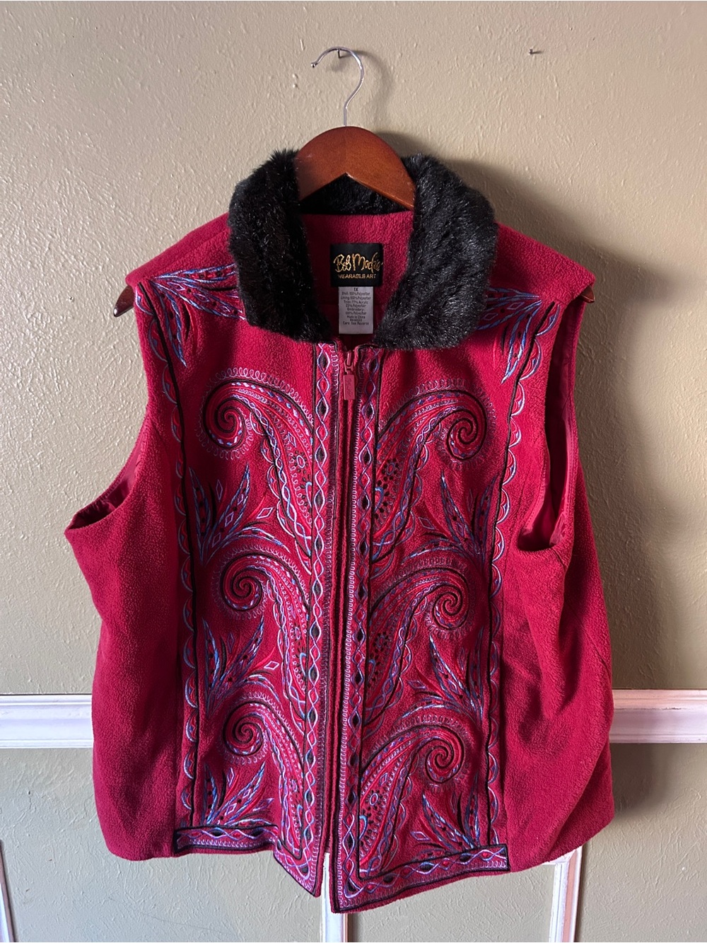 Bob Mackie Wearable Art Faux Fur Embroidered Vest Boho Penny Lane Grannycore 1X